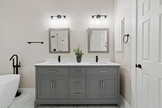 bathroom featuring plus walk in shower and vanity