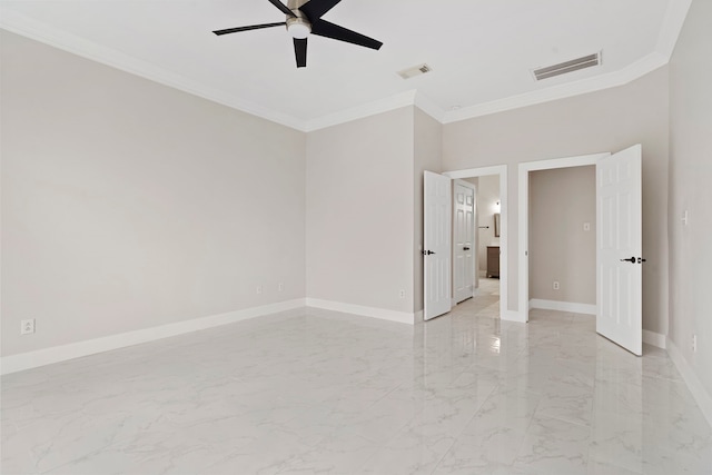 unfurnished bedroom featuring ceiling fan and crown molding