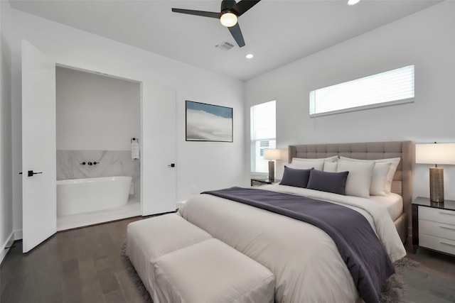 bedroom featuring ceiling fan and dark hardwood / wood-style floors