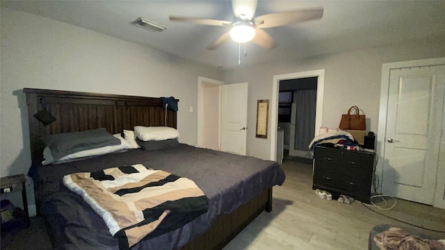 bedroom featuring ceiling fan and light hardwood / wood-style floors