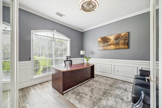 office area featuring crown molding