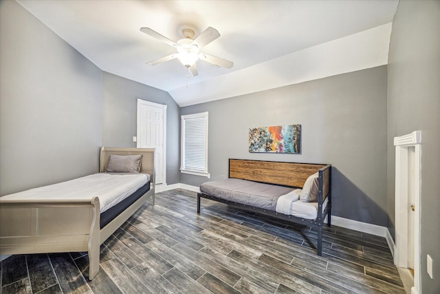 bedroom with ceiling fan and lofted ceiling