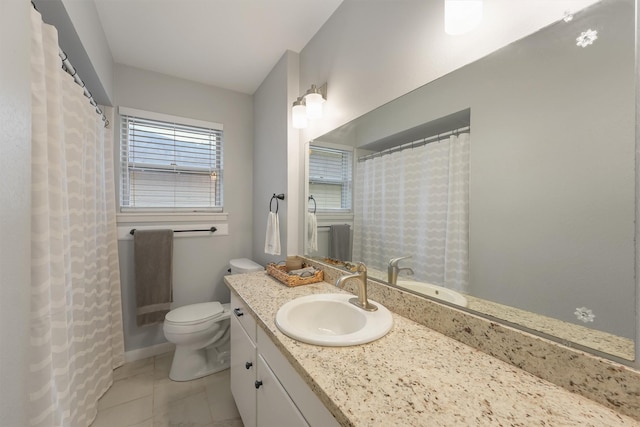 bathroom with toilet, tile patterned flooring, and vanity