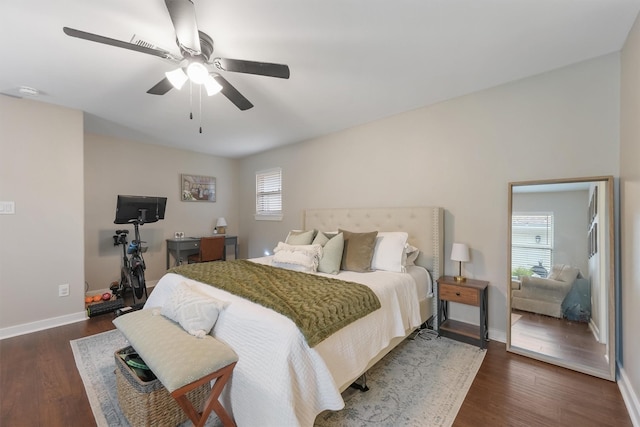 bedroom featuring ceiling fan and dark hardwood / wood-style flooring