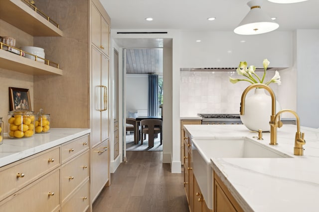 kitchen featuring light stone countertops, light brown cabinetry, backsplash, and dark hardwood / wood-style flooring