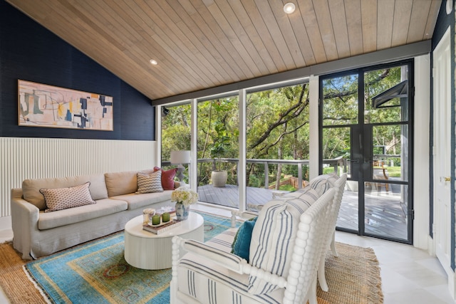 sunroom with french doors, vaulted ceiling, and wood ceiling