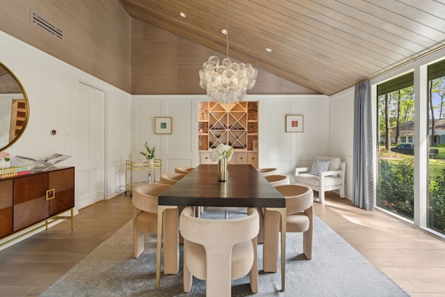 dining room with high vaulted ceiling, wooden ceiling, a chandelier, and wood-type flooring