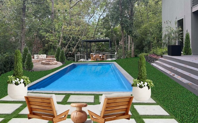 view of swimming pool with an outdoor fire pit and a patio