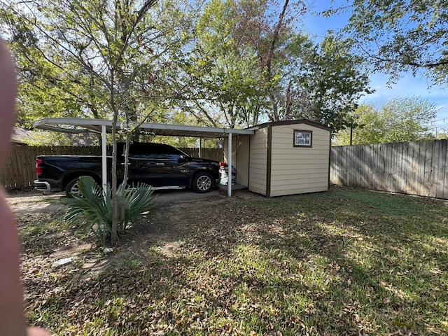 exterior space with a storage shed