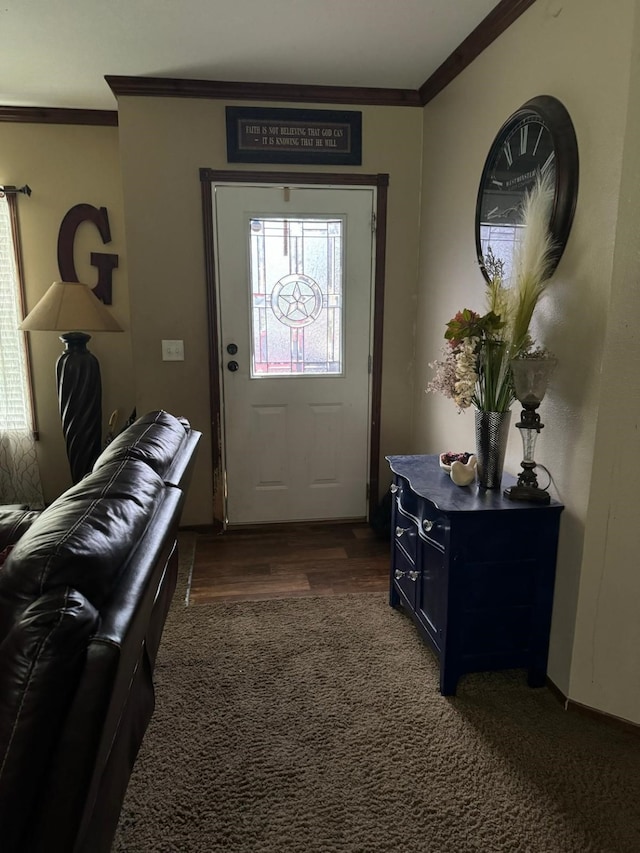 entrance foyer featuring ornamental molding, a wealth of natural light, and dark hardwood / wood-style floors