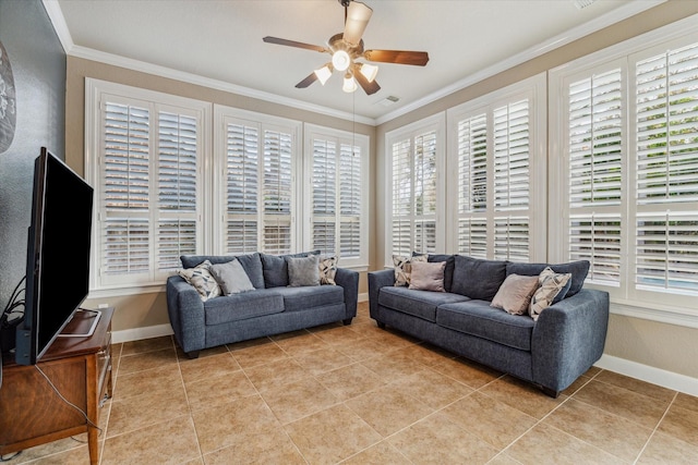 tiled living room with ceiling fan and crown molding