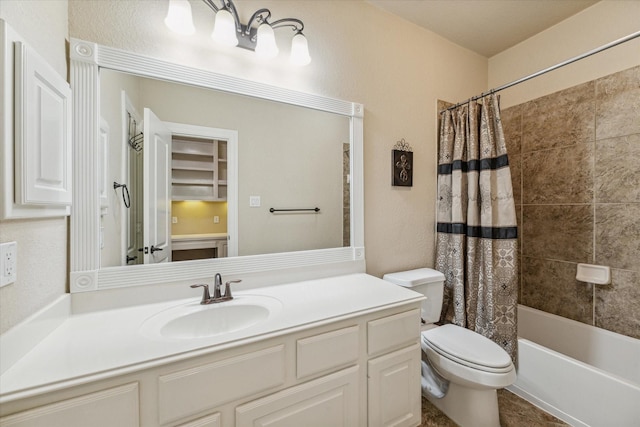 full bathroom with toilet, shower / bath combo, and vanity