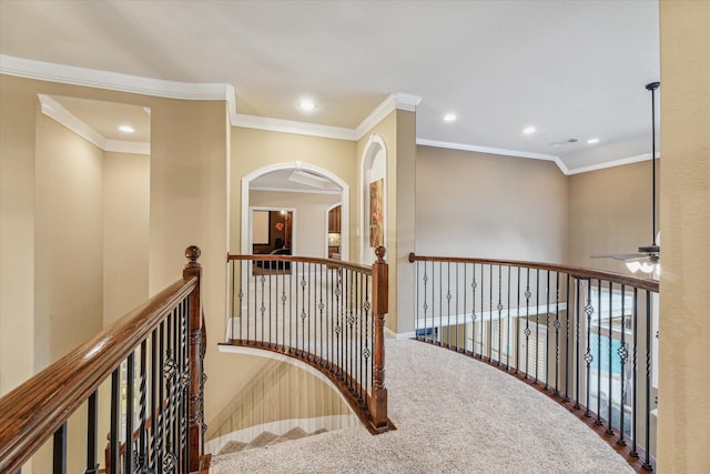 hallway with carpet floors and ornamental molding