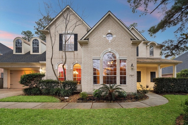 view of front of home featuring a lawn and a garage