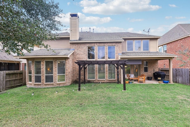 back of house featuring an outdoor hangout area, a patio, a lawn, and a pergola