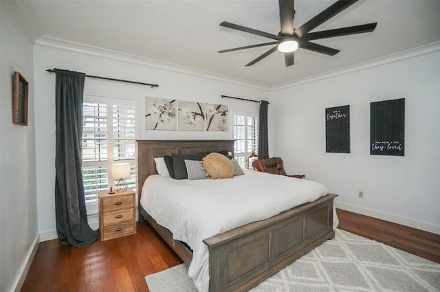 bedroom with wood-type flooring, ceiling fan, and ornamental molding