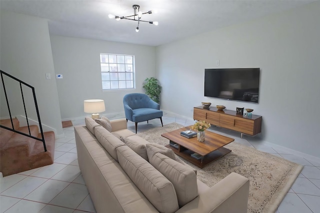 tiled living room with a chandelier