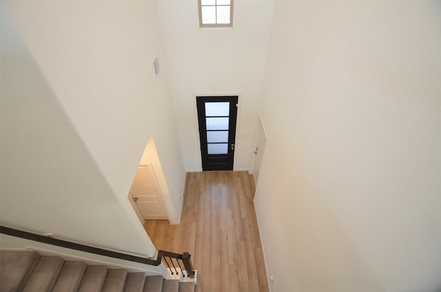 interior space featuring a high ceiling and light wood-type flooring