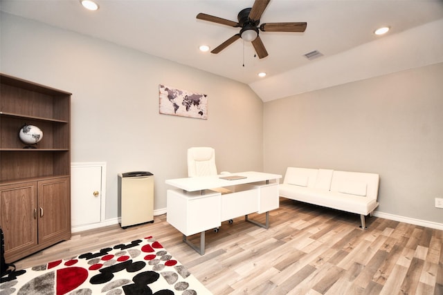 office area with lofted ceiling, ceiling fan, and light hardwood / wood-style floors