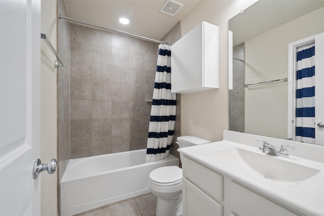 full bathroom with vanity, toilet, tile patterned floors, and shower / bathtub combination with curtain