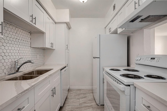 kitchen featuring sink, white cabinetry, white appliances, decorative backsplash, and extractor fan