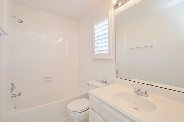 full bathroom featuring shower / bath combination, toilet, and vanity