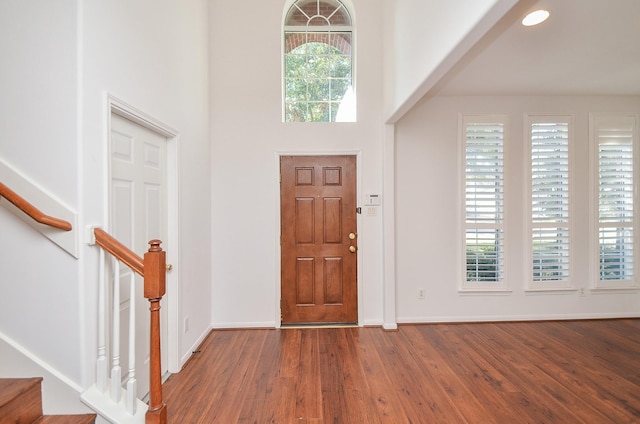 entryway featuring a towering ceiling and hardwood / wood-style floors