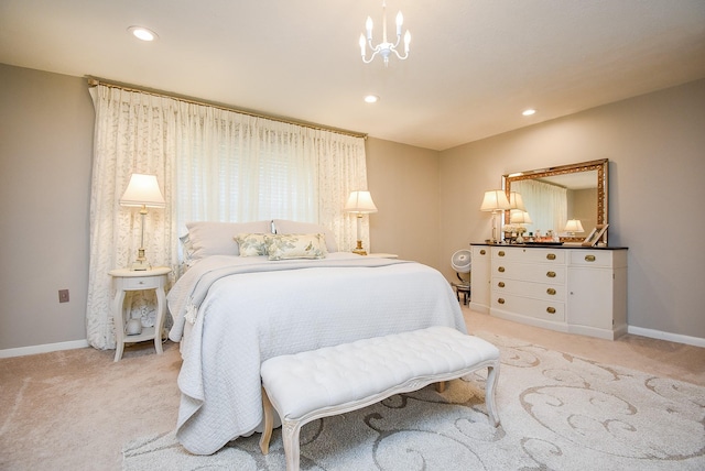 bedroom featuring light carpet