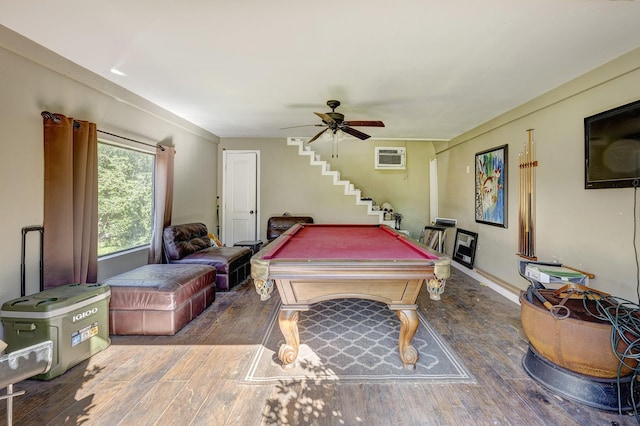 rec room with ceiling fan, billiards, wood-type flooring, and a wall mounted AC