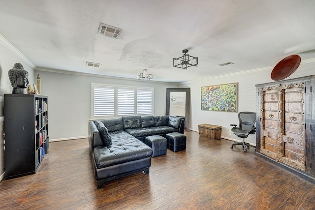 living room featuring a textured ceiling, dark hardwood / wood-style flooring, and crown molding