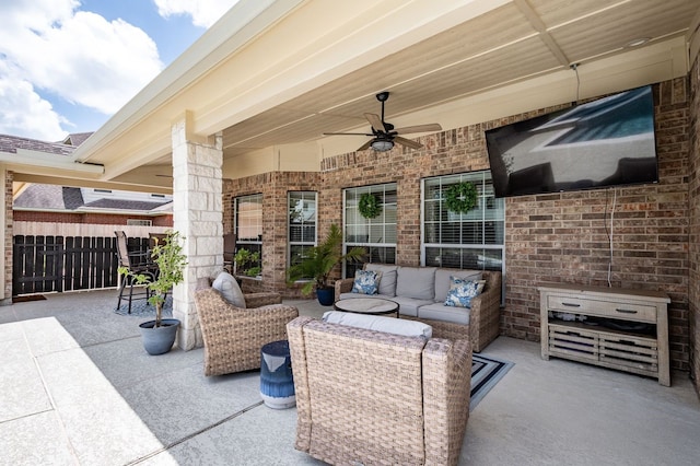 view of patio featuring ceiling fan and an outdoor hangout area