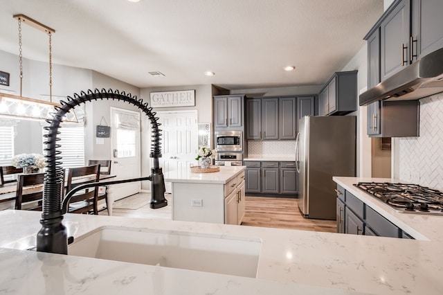 kitchen with sink, stainless steel appliances, backsplash, and gray cabinets