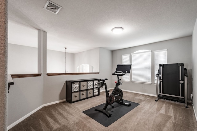 exercise area with a textured ceiling and carpet floors