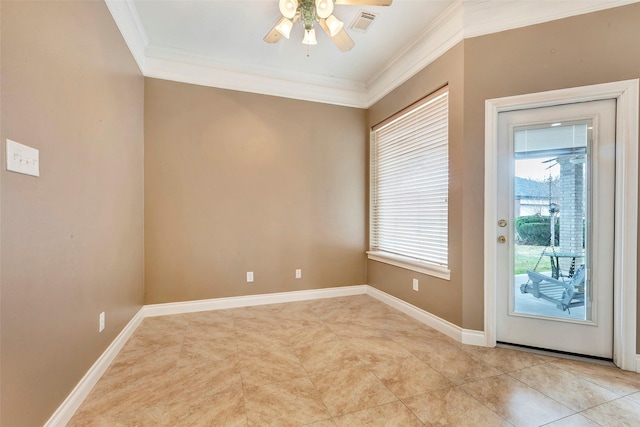 entryway featuring light tile patterned flooring, ornamental molding, and ceiling fan