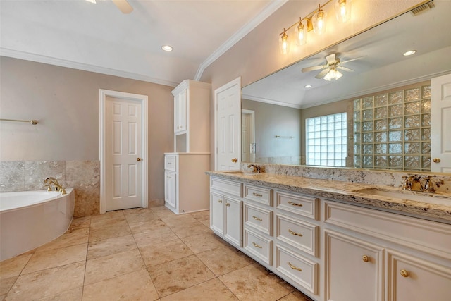 bathroom featuring vanity, ceiling fan, a bathtub, and crown molding