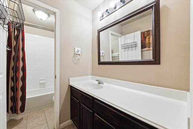 full bathroom with shower / bathtub combination with curtain, tile patterned flooring, vanity, and toilet