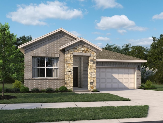 view of front of property featuring an attached garage, brick siding, concrete driveway, stone siding, and roof with shingles