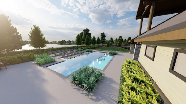 view of swimming pool featuring a patio and a water view