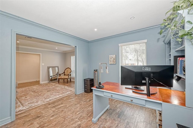 office area featuring ornamental molding and hardwood / wood-style floors