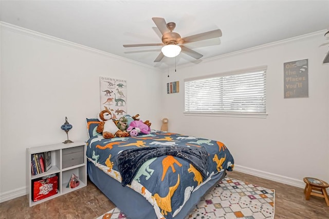 bedroom featuring wood-type flooring, ceiling fan, and ornamental molding