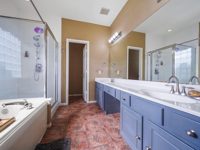 bathroom with vanity and plus walk in shower