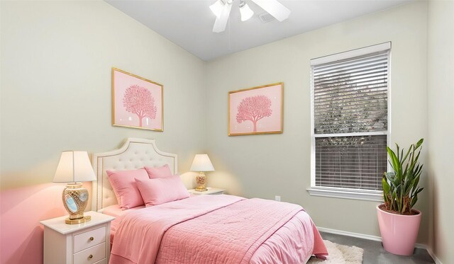 bedroom with ceiling fan and carpet