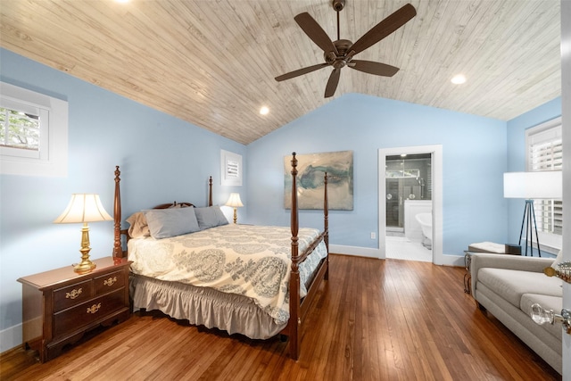 bedroom with ceiling fan, wood-type flooring, ensuite bathroom, and wood ceiling