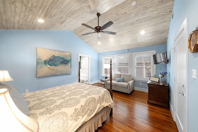 bedroom featuring dark wood-type flooring, ceiling fan, lofted ceiling, and wooden ceiling