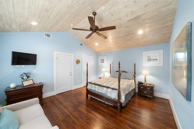 bedroom featuring ceiling fan, wood ceiling, dark wood-type flooring, and lofted ceiling