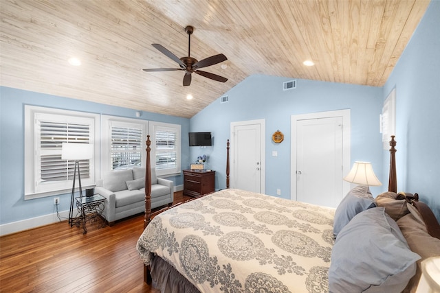 bedroom featuring ceiling fan, lofted ceiling, dark hardwood / wood-style flooring, and wooden ceiling