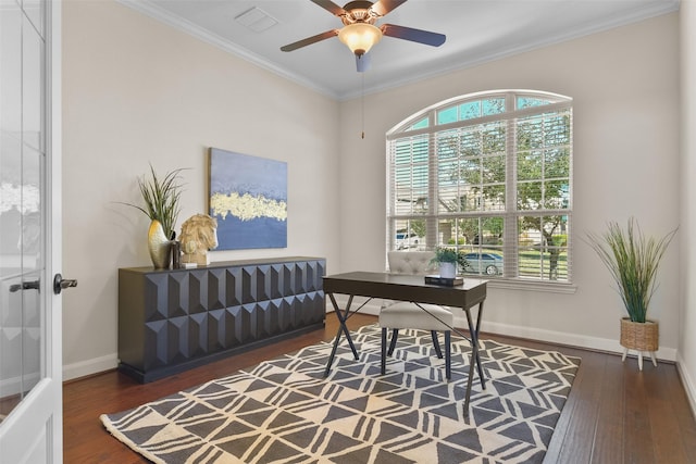 office space with ceiling fan, dark hardwood / wood-style flooring, crown molding, and plenty of natural light