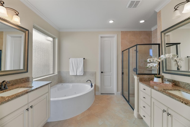 bathroom with plus walk in shower, crown molding, and vanity