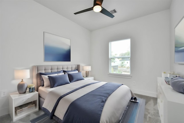 bedroom featuring ceiling fan and light colored carpet