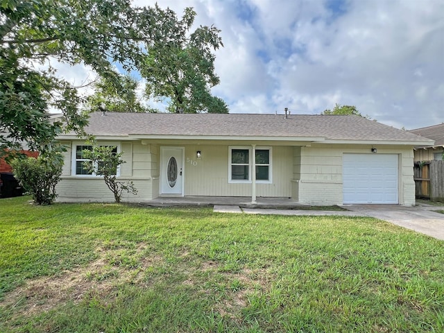 ranch-style house with a garage, a porch, and a front yard